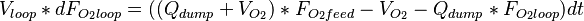 V_{loop}*dF_{O_2loop}=((Q_{dump}+V_{O_2})*F_{O_2feed}-V_{O_2}-Q_{dump}*F_{O_2loop})dt