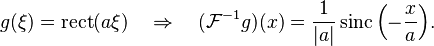 g(\xi)=\operatorname{rect}(a \xi) \quad \Rightarrow \quad (\mathcal{F}^{-1}g)(x)=\frac{1}{|a|} \operatorname{sinc}\left(-\frac{x}{a}\right)\!.