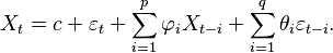  X_t = c + \varepsilon_t +  \sum_{i=1}^p \varphi_i X_{t-i} + \sum_{i=1}^q \theta_i \varepsilon_{t-i}.\,