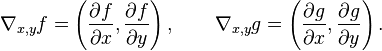  \nabla_{x,y} f= \left( \frac{\partial f}{\partial x}, \frac{\partial f}{\partial y} \right), \qquad \nabla_{x,y} g= \left( \frac{\partial g}{\partial x}, \frac{\partial g}{\partial y} \right).