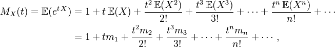 
\begin{align}
M_X(t) = \mathbb{E}(e^{t\,X}) &= 1 + t \,\mathbb{E}(X) + \frac{t^2 \,\mathbb{E}(X^2)}{2!} + \frac{t^3\,\mathbb{E}(X^3)}{3!}+\cdots + \frac{t^n\,\mathbb{E}(X^n)}{n!}+\cdots \\
& = 1 + tm_1 + \frac{t^2m_2}{2!} + \frac{t^3m_3}{3!}+\cdots + \frac{t^nm_n}{n!}+\cdots,
\end{align}
