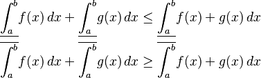 \begin{align}
\underline{\int_{a}^{b}} f(x) \, dx + \underline{\int_{a}^{b}} g(x) \, dx &\leq \underline{\int_{a}^{b}} f(x) + g(x) \, dx\\ 
\overline{\int_{a}^{b}} f(x) \, dx + \overline{\int_{a}^{b}} g(x) \, dx &\geq \overline{\int_{a}^{b}} f(x) + g(x) \, dx 
\end{align}