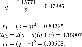 
\begin{align}
q & = { 0.15771 \over 2}  = 0.07886 \\ \\
p_1 & = (p + q)^2   = 0.84325 \\
2q_1 & = 2(p + q)(q + r)  = 0.15007 \\
r_1 & = (q + r)^2  = 0.00668.
\end{align}
