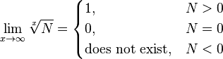 \lim_{x\to\infty}\sqrt[x]{N}=\begin{cases} 1, & N > 0 \\ 0, & N = 0 \\ \text{does not exist}, & N < 0 \end{cases}