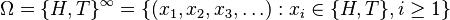 \Omega=\{H,T\}^\infty=\{(x_1,x_2,x_3,\dots):x_i\in\{H,T\}, i\ge 1\}