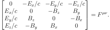 
\begin{bmatrix}
0     & -E_x/c & -E_y/c & -E_z/c \\
E_x/c & 0      & -B_z   & B_y    \\
E_y/c & B_z    & 0      & -B_x   \\
E_z/c & -B_y   & B_x    & 0
\end{bmatrix} = F^{\mu\nu}.
