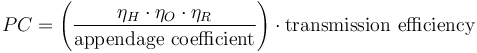 PC = \left(\frac {\eta_H \cdot \eta_O \cdot \eta_R}{\mbox{appendage coefficient}}\right) \cdot \mbox{transmission efficiency}