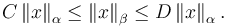  C \left\| x \right\| _\alpha \leq \left\| x \right\| _\beta \leq D \left\| x \right\| _\alpha .