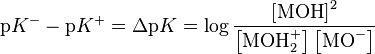  \mathrm{p}K^- - \mathrm{p}K^+ = \Delta \mathrm{p}K = \log {\frac{\left[\mathrm{MOH}\right]^2}{\left[\mathrm{MOH}{_2^+}\right]\left[\mathrm{MO}^-\right]}} 