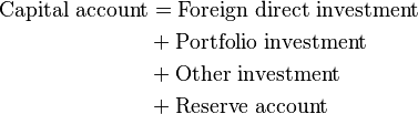 
\begin{align}
 \mbox{Capital account} & = \mbox{Foreign direct investment} \\
   & + \mbox{Portfolio investment} \\
   & + \mbox{Other investment} \\
   & + \mbox{Reserve account} \\
\end{align}
