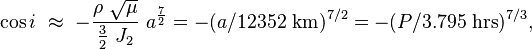 \cos i\ \approx\ -\frac{\rho\ \sqrt{\mu}}{\frac{3}{2}\ J_2}\ a^{\frac{7}{2}}=-(a/12352\text{ km})^{7/2}=-(P/3.795\text{ hrs})^{7/3},