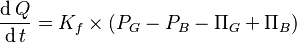 {\operatorname{d}Q\over\operatorname{d}t} = K_f \times (P_G - P_B - \Pi_G + \Pi_B)