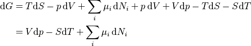 \begin{align}
\mathrm{d} G &= T\mathrm{d}S - p\,\mathrm{d}V + \sum_i \mu_i \,\mathrm{d} N_i + p \,\mathrm{d}V + V\mathrm{d}p - T\mathrm{d}S - S\mathrm{d}T\\
&= V\mathrm{d}p - S\mathrm{d}T + \sum_i \mu_i \,\mathrm{d} N_i
\end{align}