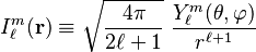  
I^m_{\ell}(\mathbf{r}) \equiv \sqrt{\frac{4\pi}{2\ell+1}} \; \frac{ Y^m_{\ell}(\theta,\varphi)}{r^{\ell+1}}
