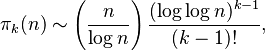  \pi_k(n) \sim \left( \frac{n}{\log n} \right) \frac{(\log\log n)^{k-1}}{(k - 1)!},