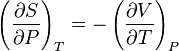 \left(\frac{\part S}{\part P}\right)_T=-\left(\frac{\part V}{\part T}\right)_P