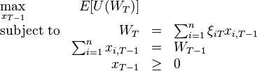 
\begin{array}{lrclr}
\max\limits_{x_{T-1}}   & E[U(W_T)]    &   \\
\text{subject to} & W_T   &=&    \sum_{i=1}^{n}\xi_{iT}x_{i,T-1} \\
                    &\sum_{i=1}^{n}x_{i,T-1}&=&W_{T-1}\\
		    & x_{T-1}     &\geq& 0
\end{array}
