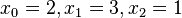 x_0=2, x_1=3, x_2=1