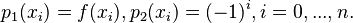 p_1(x_i) = f(x_i), p_2(x_i) = (-1)^i, i = 0, ..., n.