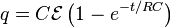  q = C\mathcal{E}\left ( 1 - e^{-t/RC} \right )\,\!