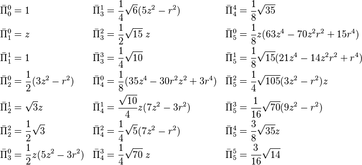 
 \begin{align}
 \bar{\Pi}^0_0 & = 1   &
      \bar{\Pi}^1_3 & = \frac{1}{4}\sqrt{6}(5z^2-r^2)  &
            \bar{\Pi}^4_4 & = \frac{1}{8}\sqrt{35}  \\
 \bar{\Pi}^0_1 & = z   &
      \bar{\Pi}^2_3 & = \frac{1}{2}\sqrt{15}\; z    &
            \bar{\Pi}^0_5 & = \frac{1}{8}z(63z^4-70z^2r^2+15r^4) \\
 \bar{\Pi}^1_1 & = 1   &
      \bar{\Pi}^3_3 & = \frac{1}{4}\sqrt{10}        &
            \bar{\Pi}^1_5 & = \frac{1}{8}\sqrt{15} (21z^4-14z^2r^2+r^4) \\
 \bar{\Pi}^0_2 & = \frac{1}{2}(3z^2-r^2) &
      \bar{\Pi}^0_4 & = \frac{1}{8}(35 z^4-30 r^2 z^2 +3r^4 ) &
            \bar{\Pi}^2_5 & = \frac{1}{4}\sqrt{105}(3z^2-r^2)z \\
 \bar{\Pi}^1_2 & = \sqrt{3}z &
      \bar{\Pi}^1_4 & = \frac{\sqrt{10}}{4} z(7z^2-3r^2) &
            \bar{\Pi}^3_5 & = \frac{1}{16}\sqrt{70} (9z^2-r^2) \\
 \bar{\Pi}^2_2 & = \frac{1}{2}\sqrt{3}  &
      \bar{\Pi}^2_4 & = \frac{1}{4}\sqrt{5}(7z^2-r^2)  &
            \bar{\Pi}^4_5 & = \frac{3}{8}\sqrt{35} z  \\
 \bar{\Pi}^0_3 & = \frac{1}{2} z(5z^2-3r^2) &
      \bar{\Pi}^3_4 & = \frac{1}{4}\sqrt{70}\;z  &
            \bar{\Pi}^5_5 & = \frac{3}{16}\sqrt{14} \\
 \end{align}
