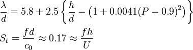 \begin{align}
  & \frac{\lambda }{d}=5.8+2.5\left\{ \frac{h}{d}-\left( 1+0.0041{{\left( P-0.9 \right)}^{2}} \right) \right\} \\ 
 & {{S}_{t}}=\frac{fd}{{{c}_{0}}}\approx 0.17\approx \frac{fh}{U} \\ 
\end{align}