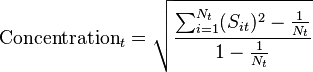  \text{Concentration}_t = \sqrt{\frac{\sum_{i=1}^{N_t} (S_{it})^2 - \frac{1}{N_t}}{1 - \frac{1}{N_t}}}