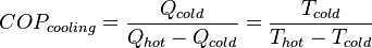  COP_{cooling}=\frac{Q_{cold}}{Q_{hot}-Q_{cold}} =\frac{T_{cold}}{T_{hot}-T_{cold}}