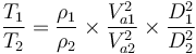 \frac {T_1}{T_2} = \frac{\rho_1}{\rho_2} \times \frac{V_{a1}^2}{V_{a2}^2} \times \frac{D_1^2}{D_2^2}