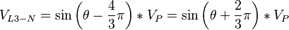 V_{L3-N}=\sin \left(\theta-\frac{4}{3} \pi\right) * V_P = \sin \left(\theta+\frac{2}{3} \pi\right) * V_P