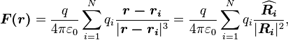 \boldsymbol{F(r)}={q\over4\pi\varepsilon_0}\sum_{i=1}^Nq_i{\boldsymbol{r-r_i}\over|\boldsymbol{r-r_i}|^3}={q\over4\pi\varepsilon_0}\sum_{i=1}^Nq_i{\boldsymbol{\widehat{R_i}}\over|\boldsymbol{R_i}|^2},