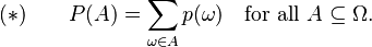 {\displaystyle (*) \qquad P(A) = \sum_{\omega\in A} p(\omega) \quad \text{for all } A \subseteq \Omega.}