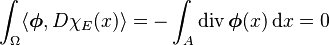  
\int_\Omega \langle\boldsymbol{\phi}, D\chi_E(x)\rangle = 
 - \int_A\operatorname{div} \boldsymbol{\phi}(x) \, \mathrm{d}x = 0
