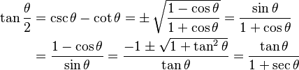 
\begin{align}
\tan \frac{\theta}{2} & = \csc \theta - \cot \theta = \pm\, \sqrt\frac{1 - \cos \theta}{1 + \cos \theta} = \frac{\sin \theta}{1 + \cos \theta} \\
& = \frac{1-\cos \theta}{\sin \theta} = \frac{-1 \pm \sqrt{1+\tan^2\theta}}{\tan\theta} = \frac{\tan\theta}{1 + \sec{\theta}}
\end{align}
