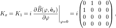  K_x = K_1 = i\left.\frac{\partial \widehat{B}(\varphi,\hat{\mathbf{e}}_x)}{\partial \varphi}\right|_{\varphi=0} = i \begin{pmatrix}
0 & 1 & 0 & 0 \\
1 & 0 & 0 & 0 \\
0 & 0 & 0 & 0 \\
0 & 0 & 0 & 0 \\
\end{pmatrix}  \,,