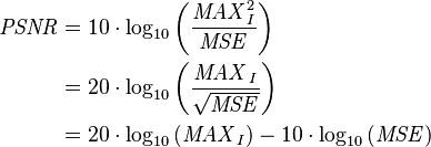 \begin{align}\mathit{PSNR} &= 10 \cdot \log_{10} \left( \frac{\mathit{MAX}_I^2}{\mathit{MSE}} \right)\\ 
&= 20 \cdot \log_{10} \left( \frac{\mathit{MAX}_I}{\sqrt{\mathit{MSE}}} \right)\\ 
&= 20 \cdot \log_{10} \left( {\mathit{MAX}_I} \right) - 10 \cdot \log_{10} \left( {{\mathit{MSE}}} \right)\end{align}