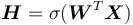 \boldsymbol{H} = \sigma(\boldsymbol{W}^T\boldsymbol{X})