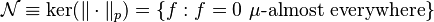 \mathcal{N} \equiv \mathrm{ker}(\|\cdot\|_p) = \{f : f = 0 \ \mu\text{-almost everywhere} \}