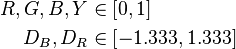 \begin{align}
R, G, B, Y &\in \left[ 0, 1 \right]\\
D_B, D_R &\in \left[ -1.333, 1.333 \right]\end{align}