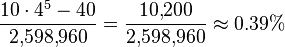 \frac {10 \cdot 4^5 - 40} {2{,}598{,}960} = \frac {10{,}200} {2{,}598{,}960} \approx 0.39\% 