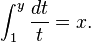 \int_{1}^{y} \frac{dt}{t} = x.