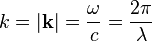  k = | \mathbf{k} | = { \omega \over c } =  { 2 \pi \over \lambda } 