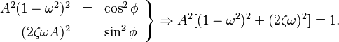 \left . \begin{array}{rcl} A^2  (1-\omega^2)^2 & = & \cos^2\phi \\[6pt] (2 \zeta \omega A)^2 & = & \sin^2\phi \end{array} \right \} \Rightarrow A^2[(1-\omega^2)^2 + (2 \zeta \omega)^2] = 1. 