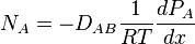  N_{A}=-D_{AB} \frac{1}{RT} \frac{dP_{A}}{dx} 