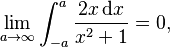 \lim_{a\rightarrow\infty}\int_{-a}^a\frac{2x\,\mathrm{d}x}{x^2+1}=0,