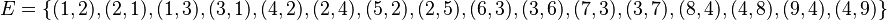 E = \{(1,2),(2,1),(1,3),(3,1),(4,2),(2,4),(5,2),(2,5),(6,3),(3,6),(7,3),(3,7),(8,4),(4,8),(9,4),(4,9)\}