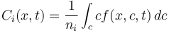 C_i(x,t)=\frac{1}{n_i}\int_c c f(x,c,t) \, dc