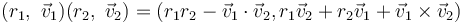 (r_1,\ \vec{v}_1) (r_2,\ \vec{v}_2) = (r_1 r_2 - \vec{v}_1\cdot\vec{v}_2, r_1\vec{v}_2+r_2\vec{v}_1 + \vec{v}_1\times\vec{v}_2)