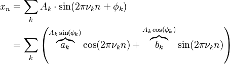 
\begin{align}
x_n &= \sum_k A_k\cdot \sin(2\pi \nu_k n + \phi_k)\\
&= \sum_k \left(\overbrace{a_k}^{A_k \sin(\phi_k)} \cos(2\pi \nu_k n) + \overbrace{b_k}^{A_k \cos(\phi_k)} \sin(2\pi \nu_k n)\right)
\end{align}
