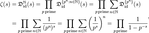 \begin{align}\zeta(s) &= \mathfrak{D}^{\mathbb{N}}_{\mathrm{id}}(s)
                = \prod_{p\,\mathrm{prime}} \mathfrak{D}^{\{p^n : n \in \mathbb{N}\}}_{\mathrm{id}}(s)
                = \prod_{p\,\mathrm{prime}} \sum_{n \in \mathbb{N}}  \mathfrak{D}^{\{p^n\}}_{\mathrm{id}}(s) \\
                &= \prod_{p\,\mathrm{prime}} \sum_{n \in \mathbb{N}} \frac{1}{(p^n)^s}
                = \prod_{p\,\mathrm{prime}} \sum_{n \in \mathbb{N}} \left(\frac{1}{p^s}\right)^n
                = \prod_{p\,\mathrm{prime}} \frac{1}{1-p^{-s}} \end{align},